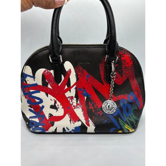 Dkny Handbags - DKNY Graffiti Print Satchel Handbag Black Multicolor Dome Purse Zip